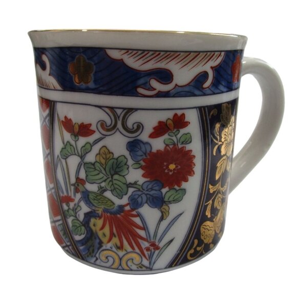 Vintage Japanese Porcelain Imari Mug With Floral Bird Design EUC Red Blue - Picture 2 of 11